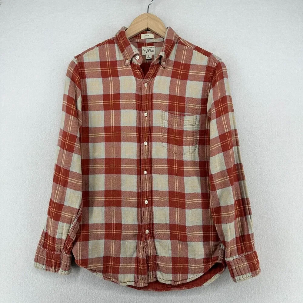 J.CREW Shirt Mens S Double Weave Slim Fit Plaid Button Front Cotton Work Red